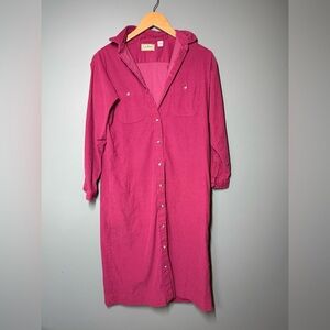 LL Bean Pink Corduroy Long Sleeve Button Down Shirt Dress made In USA Petite 14